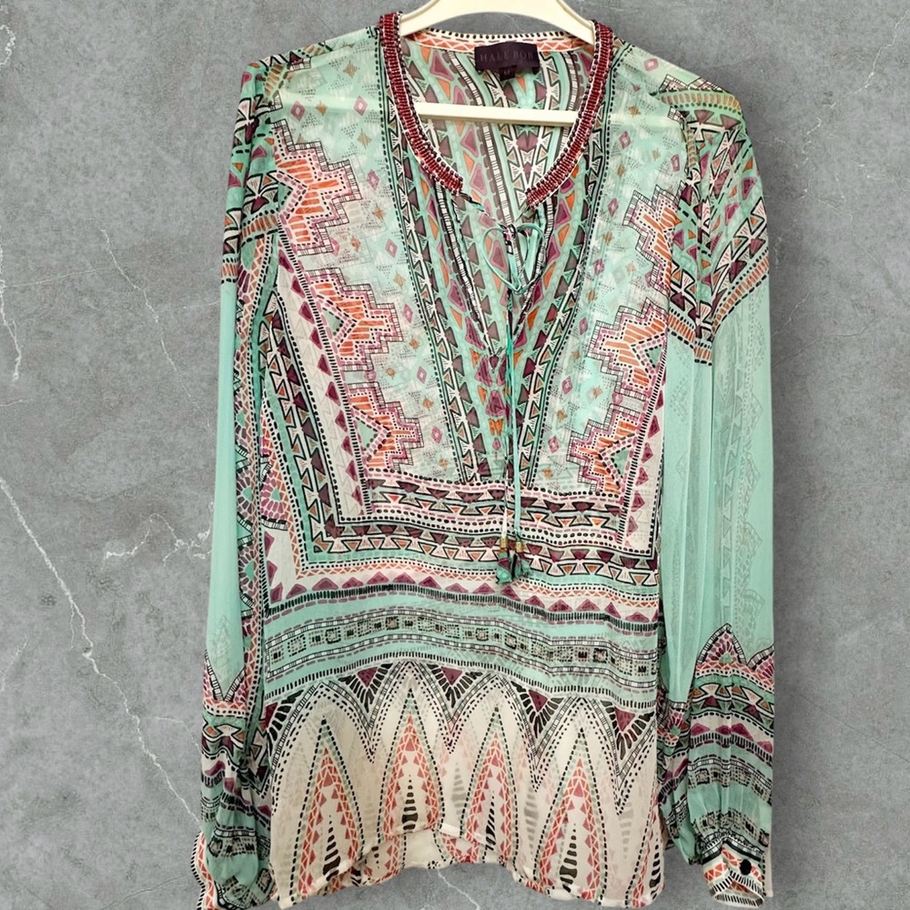 Hale Bob 100% Silk Semi-Sheer Tribal Print Long Sleeve Blouse M